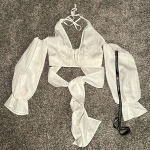 Prettylittlething White Halter Off the Shoulder Tie Crop